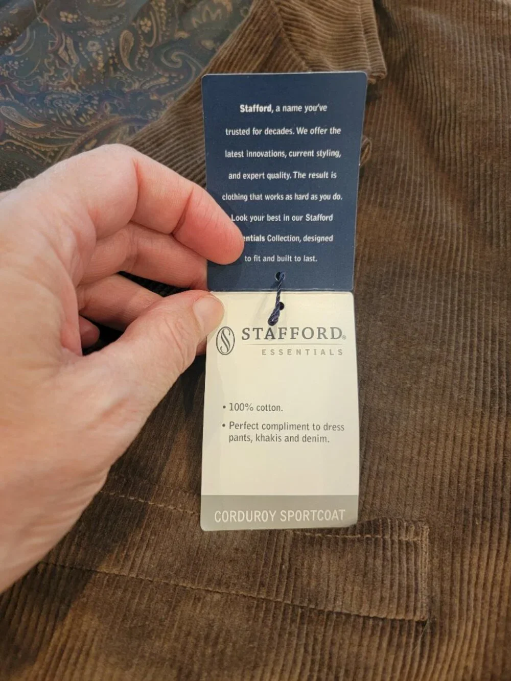 Stafford Essentials Two Button Dark Brown Corduroy Sport Coat Blazer Classic Fit